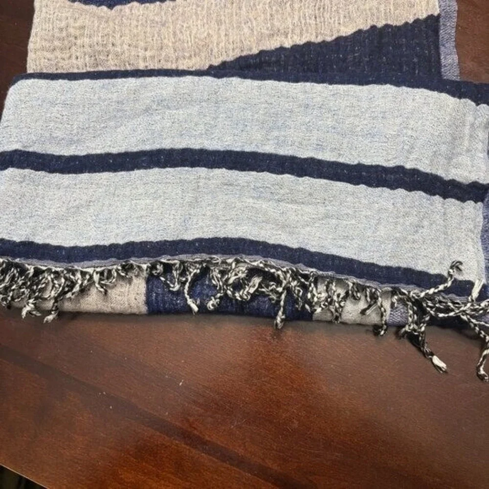 Wilfred Blue Striped Wool Rectangular Scarf Fringe Trim 29x76 Inch